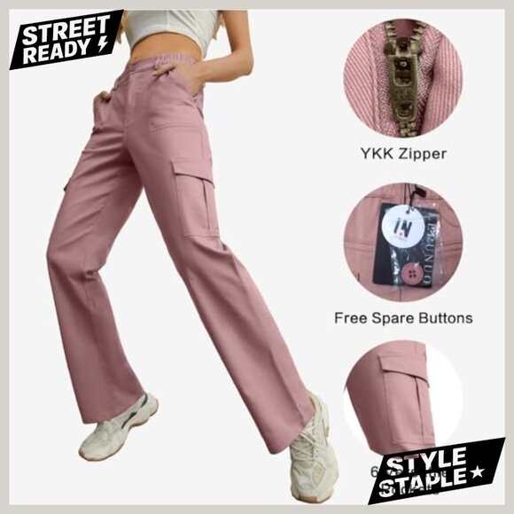 High Waisted Cargo Pants with 6 Pockets Stretchy Wide Leg Streetwear - Picture 4 of 7